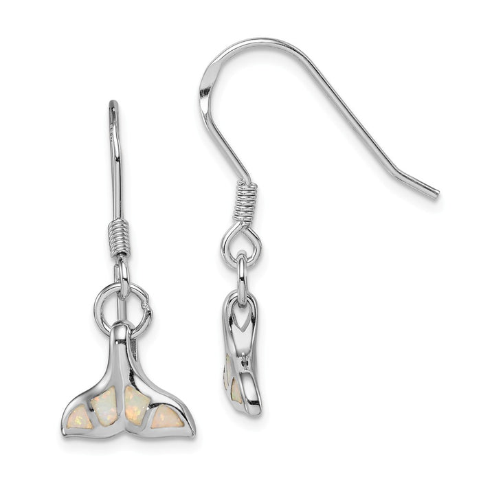 925 Sterling Silver Rhodium-plated Created Opal Inlay Whale Tail Dangle Earrings,