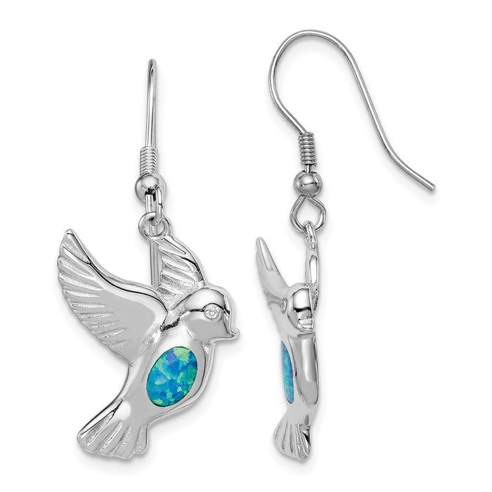 925 Sterling Silver Rhodium-plated Created Blue Opal Bird Dangle Earrings,