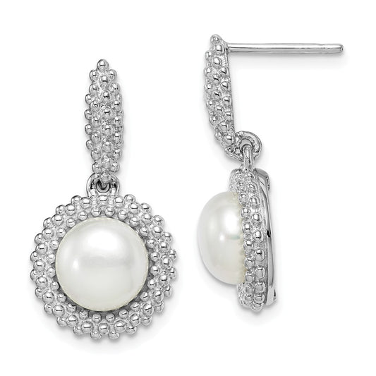 925 Sterling Silver Rhodium-Plated  8-9 White Freshwater Cultured Pearl Earrings,