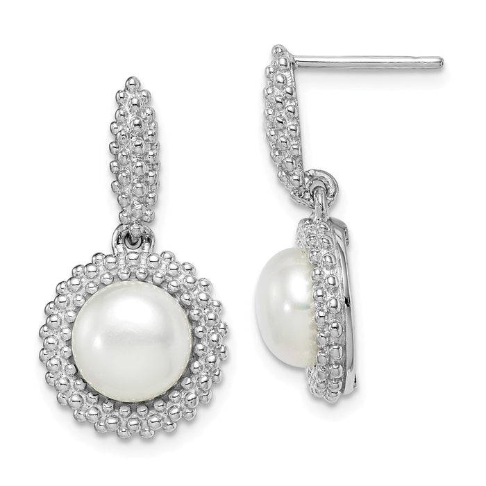 925 Sterling Silver Rhodium-Plated  8-9 White Freshwater Cultured Pearl Earrings,