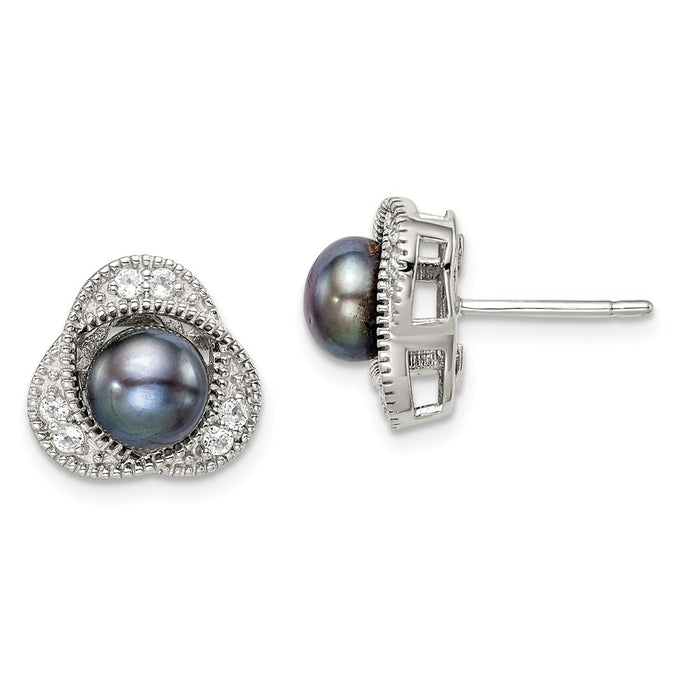 925 Sterling Silver Black Freshwater Cultured Pearl & White Topaz Post Earrings,