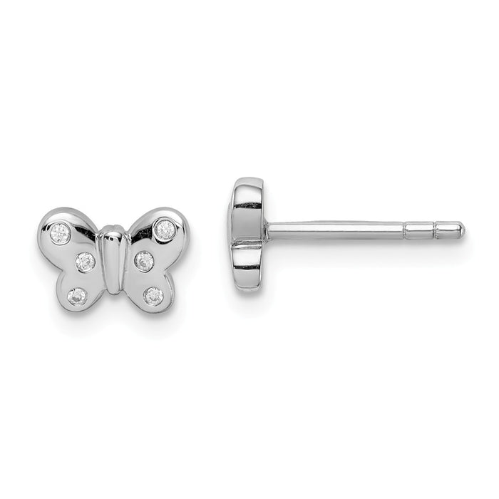 925 Sterling Silver Rhodium-plated Childs Cubic Zirconia ( CZ ) Butterfly Post Earrings,