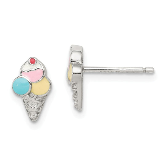 925 Sterling Silver Enameled Ice Cream Cone Post Earrings, 9.85mm x 5.95mm