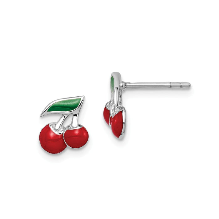 925 Sterling Silver Rhodium-plated Childs Enameled Cherry Post Earrings,