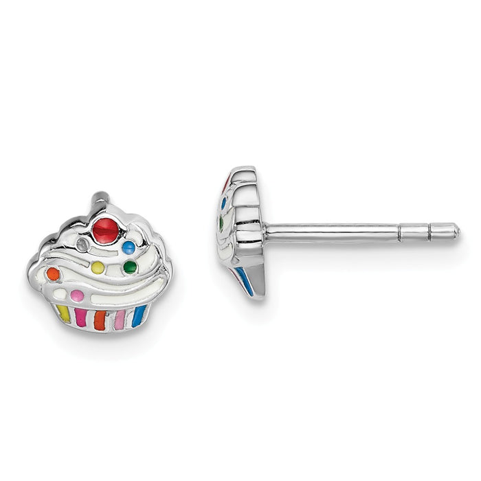 925 Sterling Silver Rhodium-plated Childs Enameled Cupcake Post Earrings,