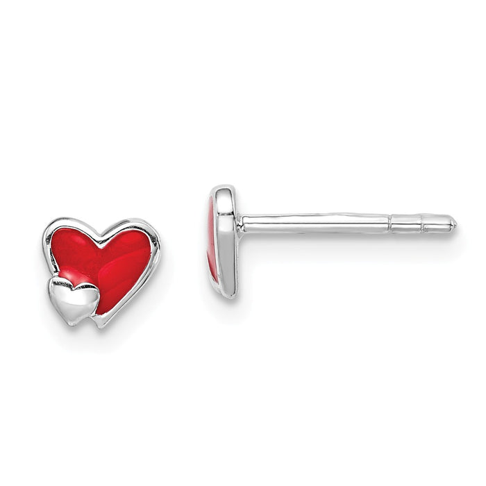 925 Sterling Silver Rhodium-plated Childs Enameled Red Heart Post Earrings,