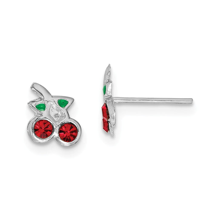 925 Sterling Silver Rhodium-plated Red & Green Crystal Cherry Post Earrings, 5.94mm x 5.39mm