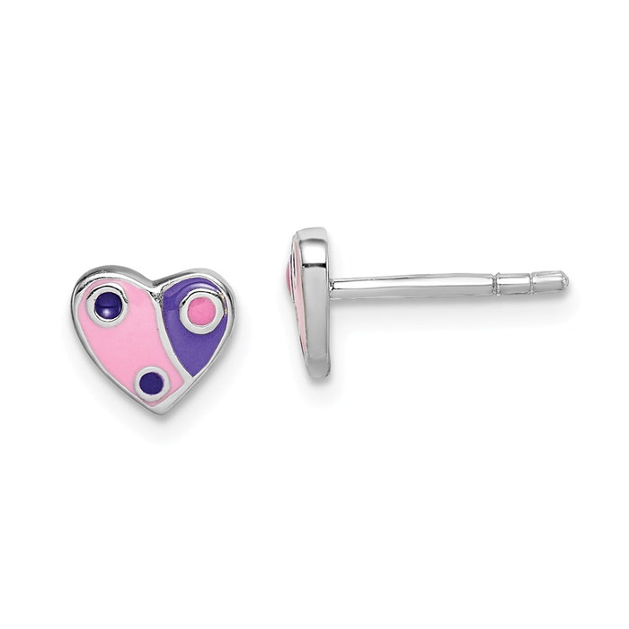 925 Sterling Silver Rhodium-plated Childs Enameled Pink/Purple Heart Earrings,