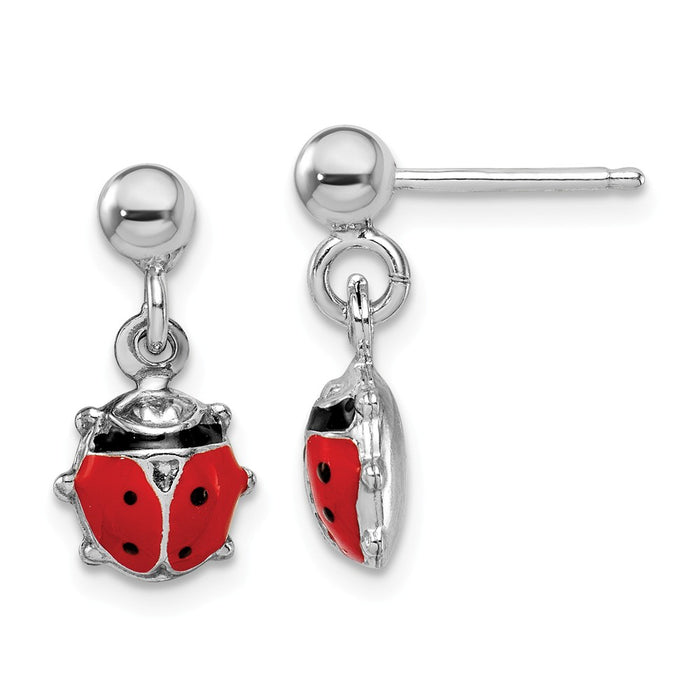 925 Sterling Silver Rhodium-plated Emameled Ladybug Post Dangle Earrings,