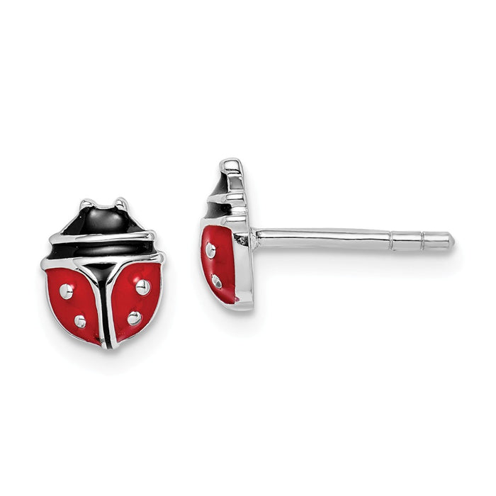 925 Sterling Silver Rhodium-plated Childs Enameled Ladybug Post Earrings,