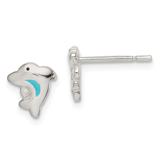 925 Sterling Silver Enamel Polished Dolphin Post Earrings,
