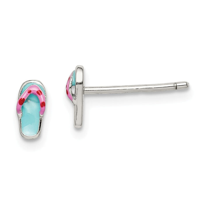 925 Sterling Silver Teal & Pink Enameled Flip-flop Post Earrings, 6.57mm x 3.23mm