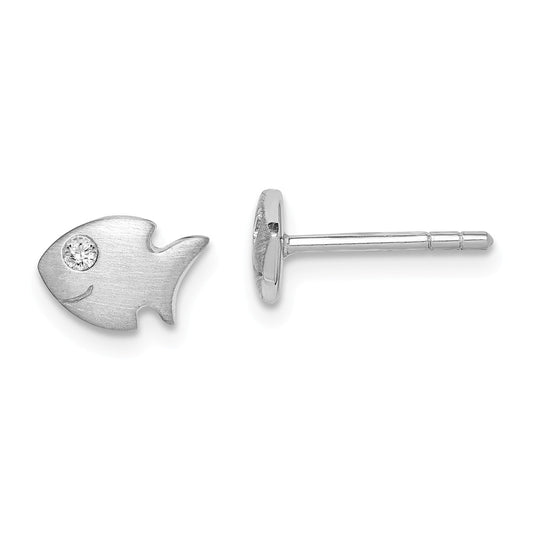 925 Sterling Silver Rhodium-plated Childs Brushed Cubic Zirconia ( CZ ) Fish Post Earrings,