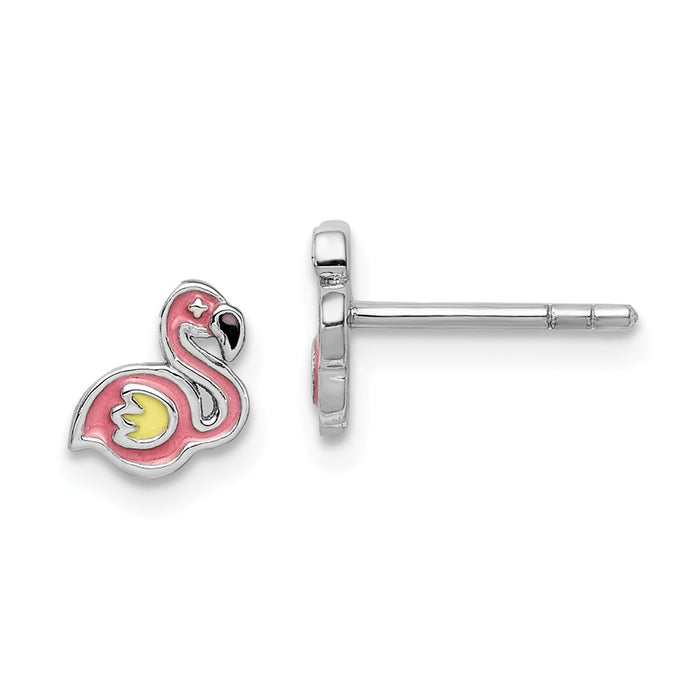 925 Sterling Silver Rhodium-plated Childs Enameled Flamingo Post Earrings,