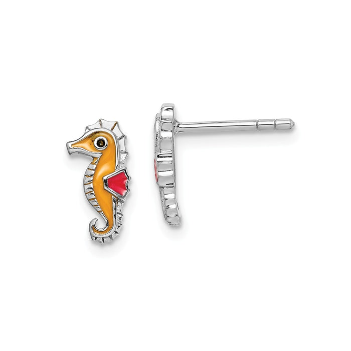 925 Sterling Silver Rhodium-plated Childs Enameled Seahorse Post Earrings,