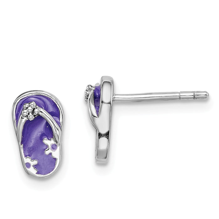 925 Sterling Silver Rhodium-plated Enameled Purple Flip Flop Post Earrings,