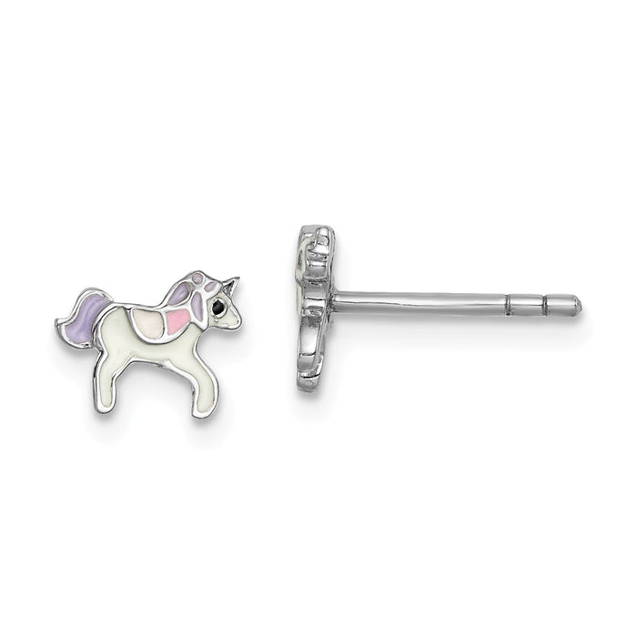 925 Sterling Silver Rhodium-plated Childs Enameled Unicorn Post Earrings,