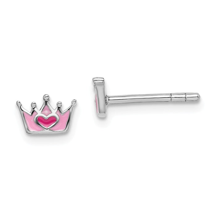 925 Sterling Silver Rhodium-plated Childs Enameled Pink Crown Post Earrings,