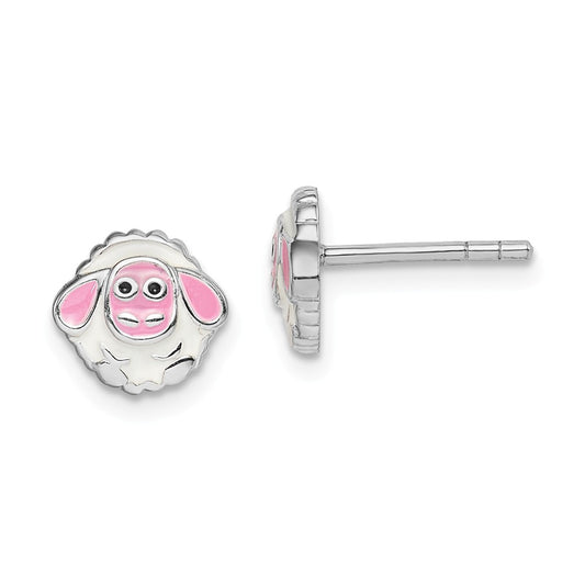 925 Sterling Silver Rhodium-plated Childs Enameled Lamb Post Earrings,
