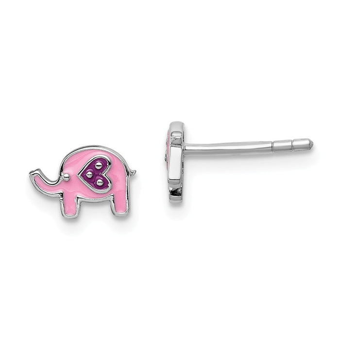 925 Sterling Silver Rhodium-plated Childs Enameled Pink Elephant Post Earrings,