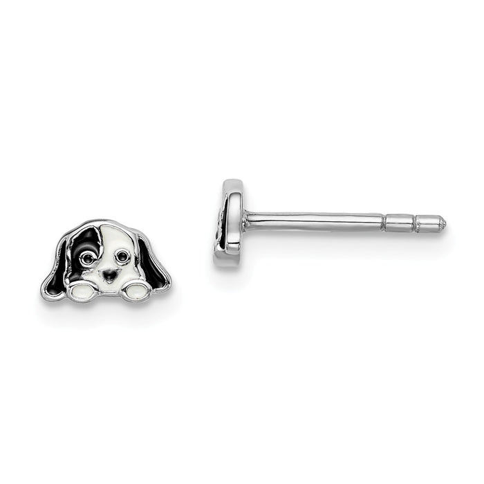 925 Sterling Silver Rhodium-plated Childs Enameled Puppy Post Earrings,