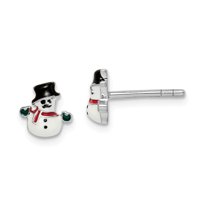 925 Sterling Silver Rhodium-plated Childs Enameled Snowman Post Earrings,