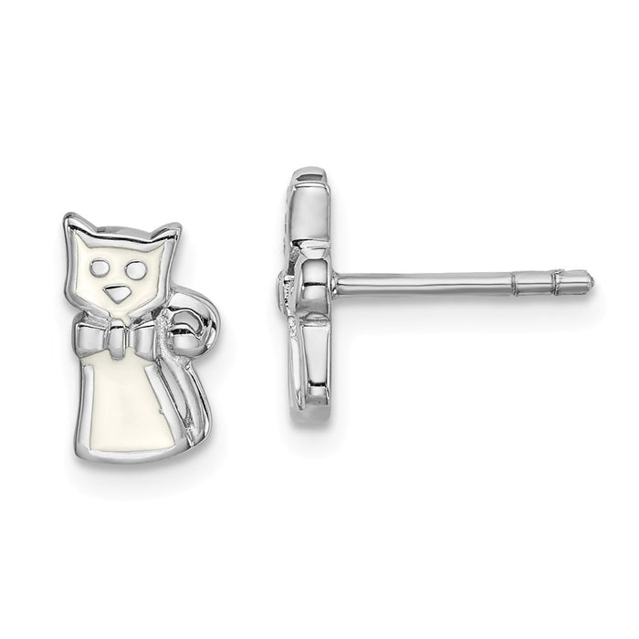 925 Sterling Silver Rhodium-plated Childs Enameled White Cat Post Earrings,
