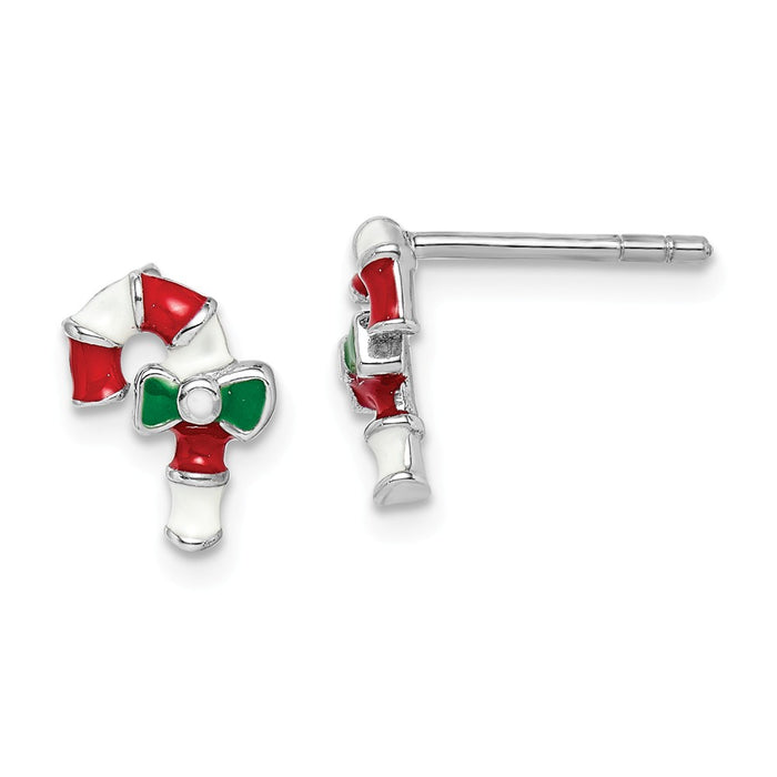 925 Sterling Silver Rhodium-plated Childs Enameled Candy Cane Post Earrings,