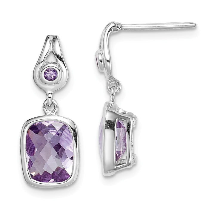 925 Sterling Silver Rhodium-Plated  Checkerboard Amethyst Dangle Earrings,