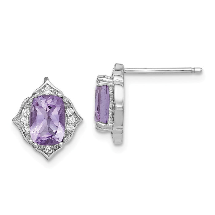 925 Sterling Silver Rhodium-Plated ed Amethyst and White Cubic Zirconia ( CZ ) Post Dangle Earrings, 11.15mm x 10mm