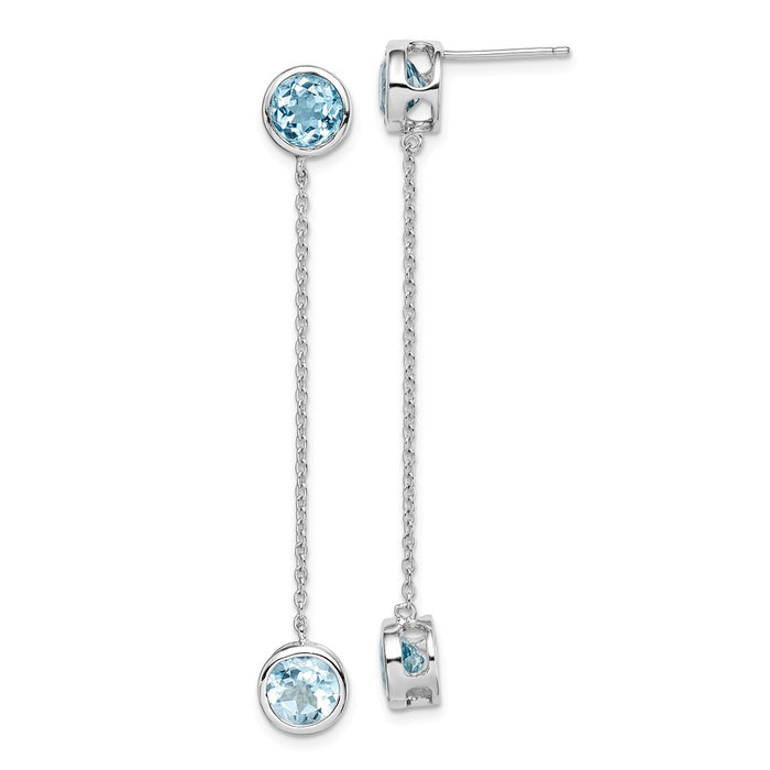 925 Sterling Silver Rhodium-plated Blue Topaz & Chain Post Dangle Earrings,