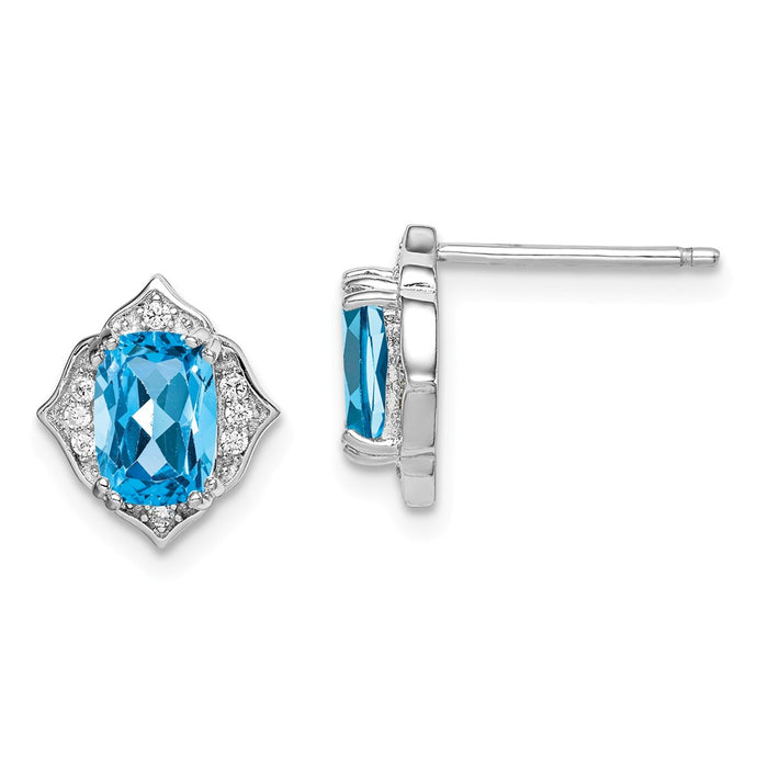 925 Sterling Silver Rhodium-Plated ed Blue Topaz and White Cubic Zirconia ( CZ ) Post Dangle Earrings, 11.15mm x 10mm