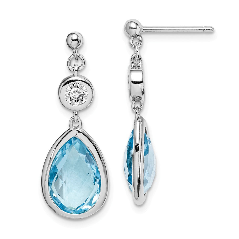925 Sterling Silver Rhodium-plated White & Blue Topaz Post Dangle Earrings,