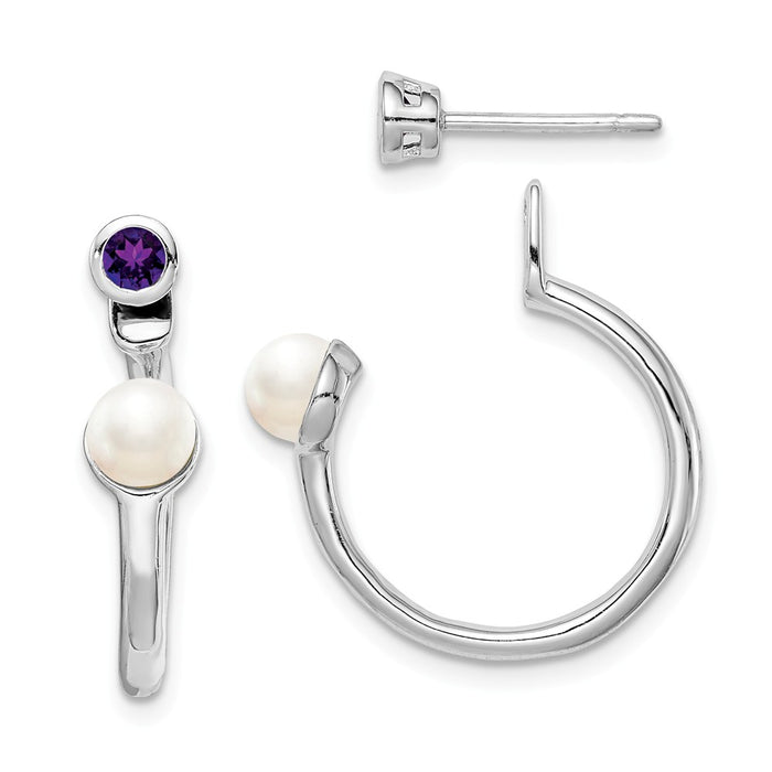 925 Sterling Silver Rhodium-plate Freshwater Cultured Pearl & Amethyst Front & Back Earrings,