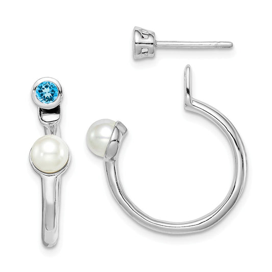 925 Sterling Silver Rhodium-plate Freshwater Cultured Pearl Light Swiss BT Front & Back Earrings,