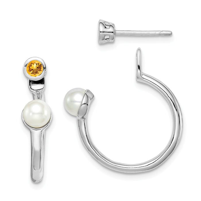 925 Sterling Silver Rhodium-plated Freshwater Cultured Pearl Citrine Front & Back Post Earrings,