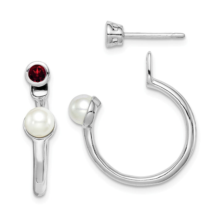 925 Sterling Silver Rhodium-plated Freshwater Cultured Pearl & Garnet Front & Back Post Earrings,