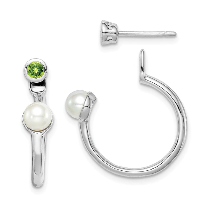925 Sterling Silver Rhodium-plated Freshwater Cultured Pearl Peridot Front & Back Post Earrings,