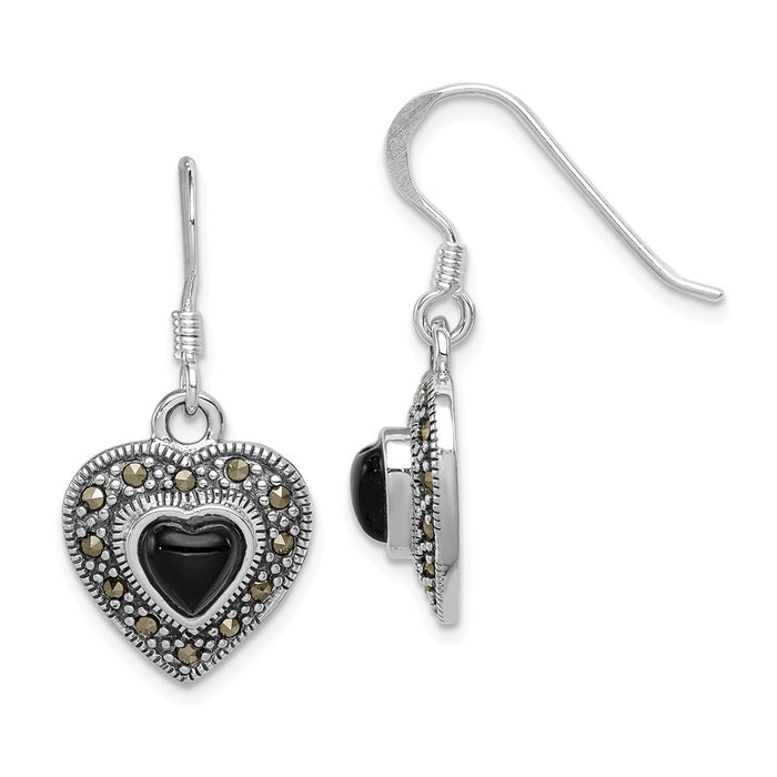 925 Sterling Silver Onyx Heart Marcasite Earrings, 28mm x 13mm
