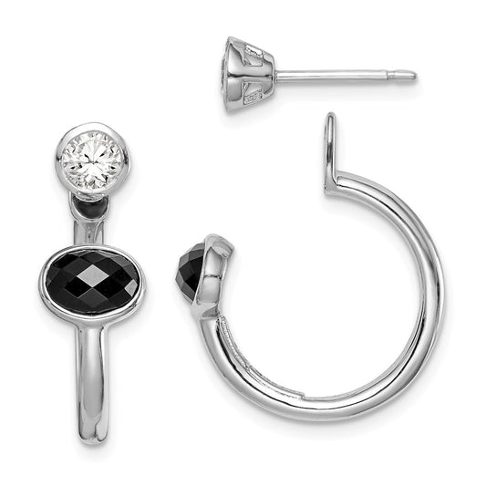 925 Sterling Silver Onyx & White Topaz Front and Back Hoop Earrings,