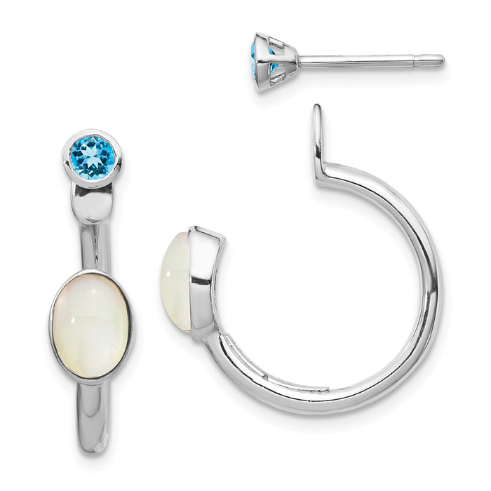 925 Sterling Silver Mother of Pearl & Lt. Swiss Blue Topaz Front & Back Earring, 22.2mm x 6mm