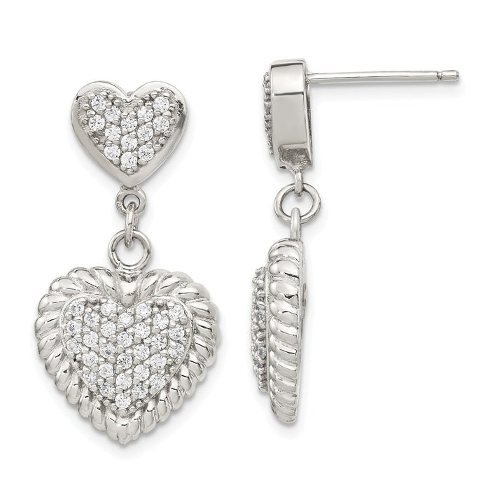 925 Sterling Silver Cubic Zirconia ( CZ ) Heart Dangle Earrings,