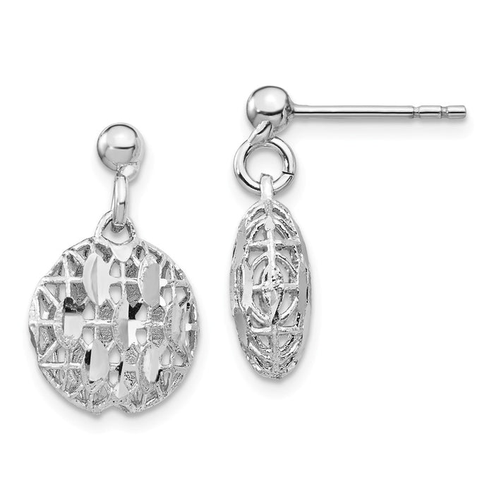 925 Sterling Silver Rhodium-plated Diamond-Cut Mesh Bead Dangle Post Earrings, 0.75mm
