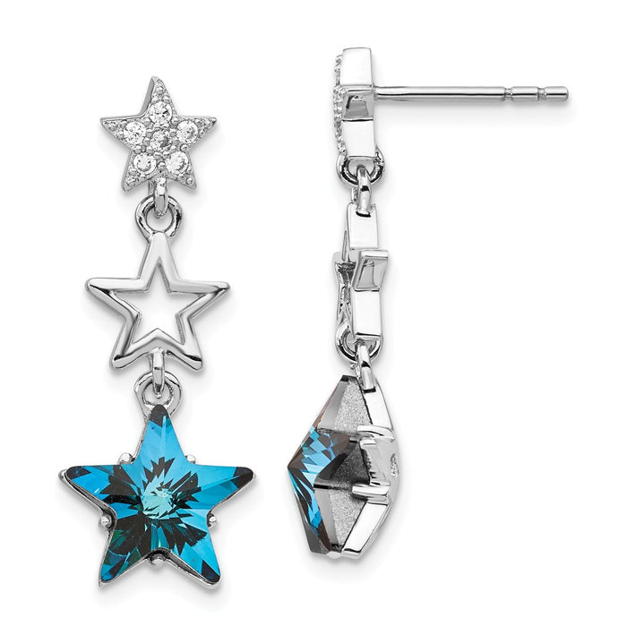 925 Sterling Silver Rhodium-plated Clear & Blue Crystal Star Dangle Post Earrin, 1.125mm