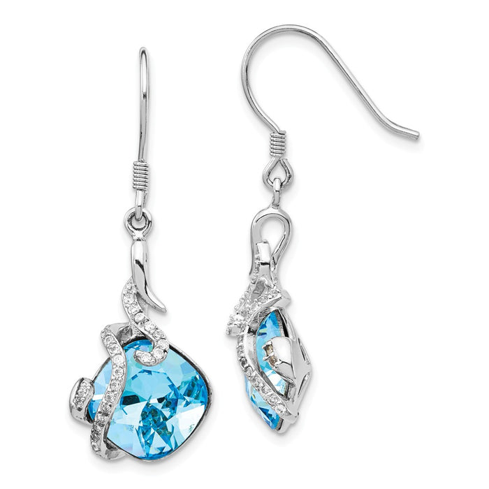 925 Sterling Silver Rhodium-plated Clear & Blue Cushion Crystal Dangle Earrings, 1.25mm