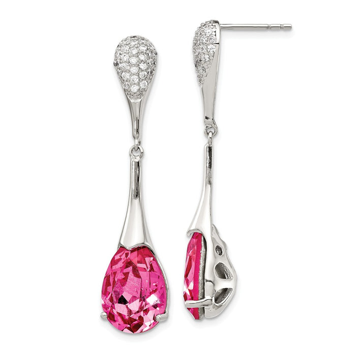 925 Sterling Silver RH-plated Clear & Pink Crystal Teardrop Dangle Post Earring, 1.68mm