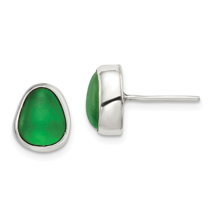 925 Sterling Silver Green Sea Glass Stud Earrings,
