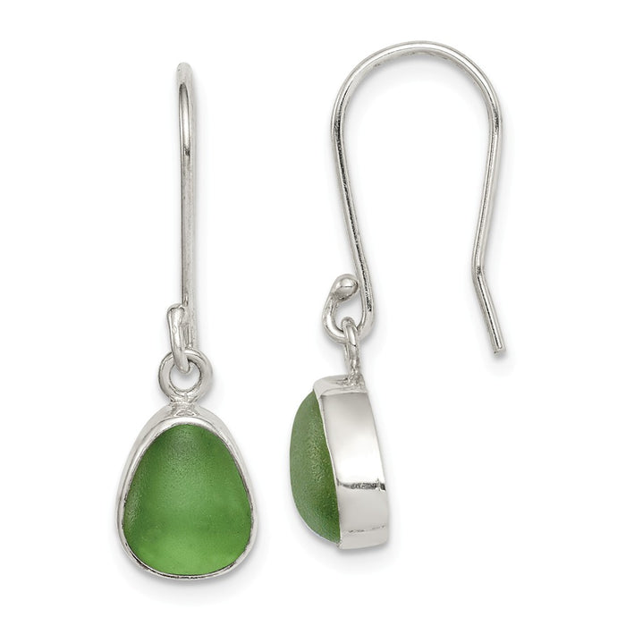 925 Sterling Silver Green Sea Glass Dangle Earrings,
