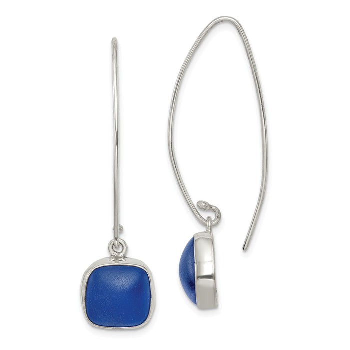 925 Sterling Silver Blue Sea Glass Dangle Earrings,
