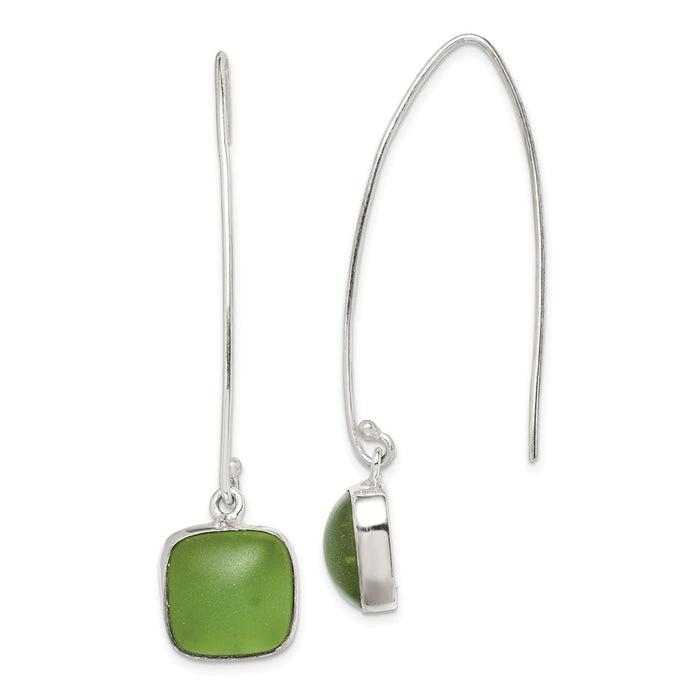 925 Sterling Silver Green Sea Glass Dangle Earrings,